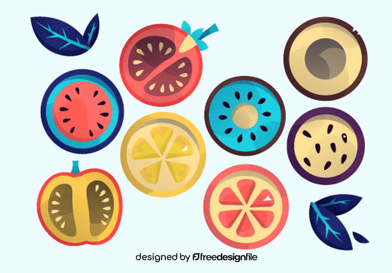 Sticker fruits and vegetables halves, fruits slices, vegetables slices set vector