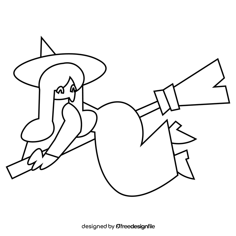 Flying halloween witch, cartoon broom black and white clipart