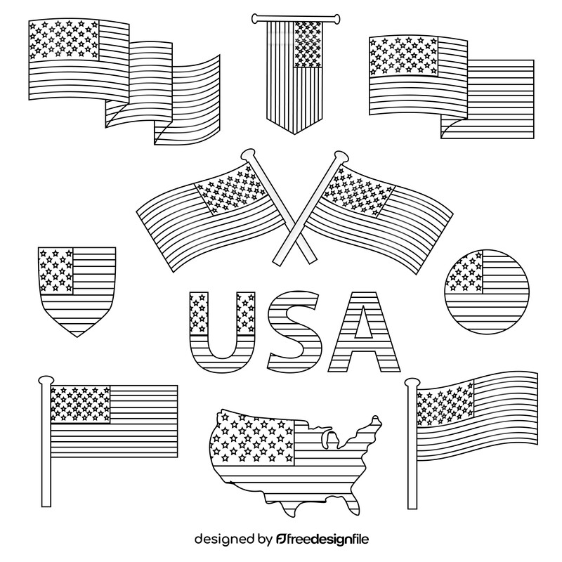 American flag set black and white vector