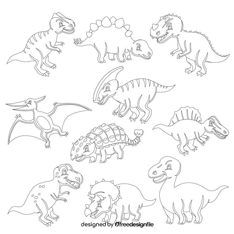 Cute baby dinosaurs black and white vector