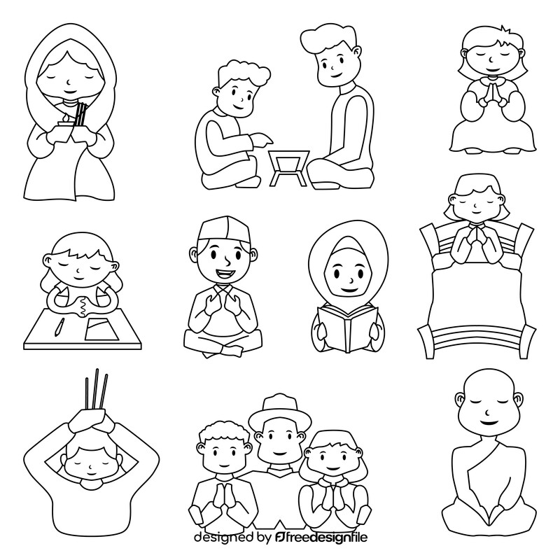 Children praying set black and white vector