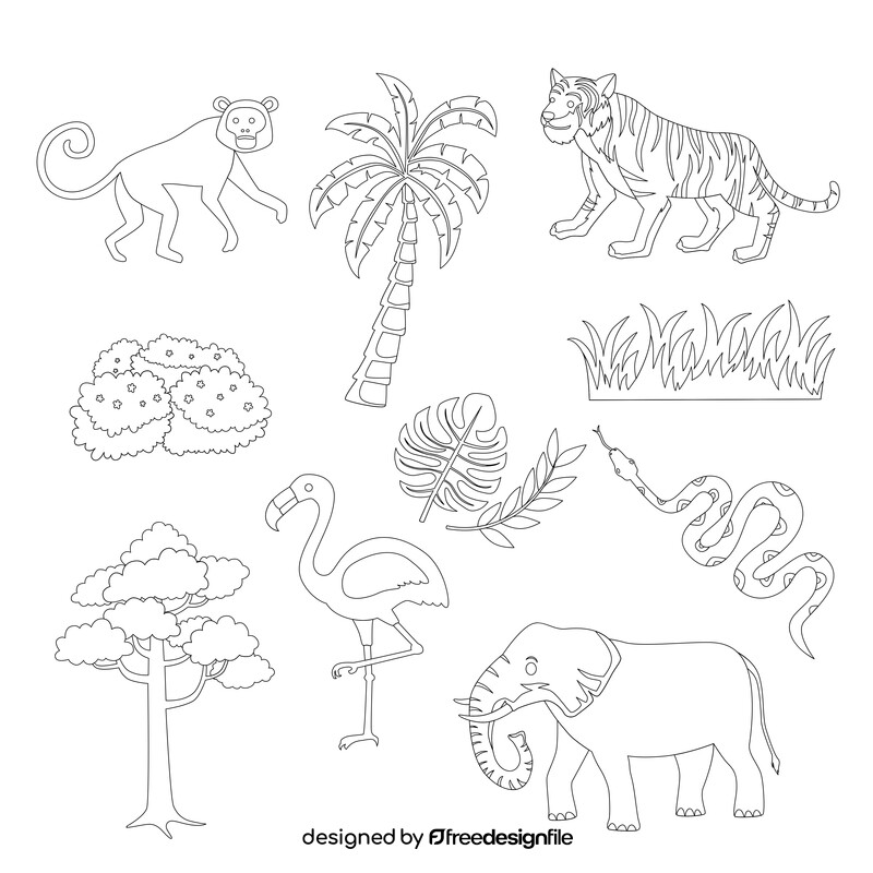 Set of jungle elements, animals black and white vector