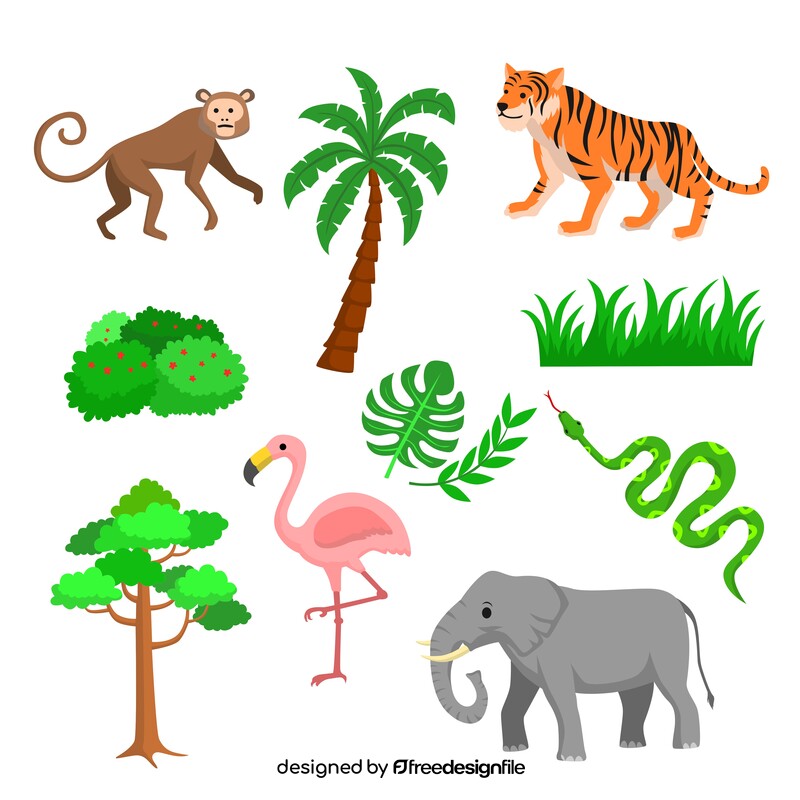 Set of jungle elements, animals vector
