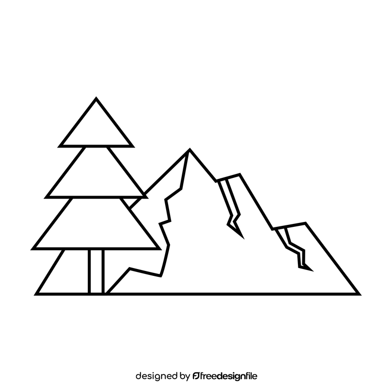 Hill, mountains, tree drawing black and white clipart