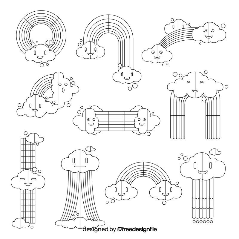 Cute cartoon rainbow set black and white vector