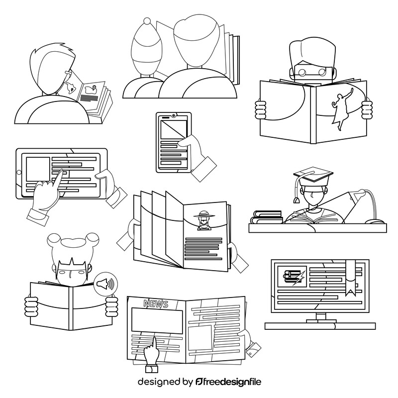 Reading images set black and white vector