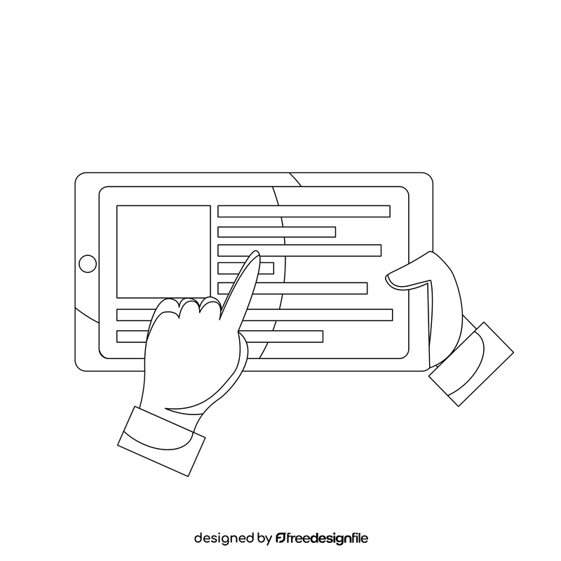 Reading on tablet black and white clipart