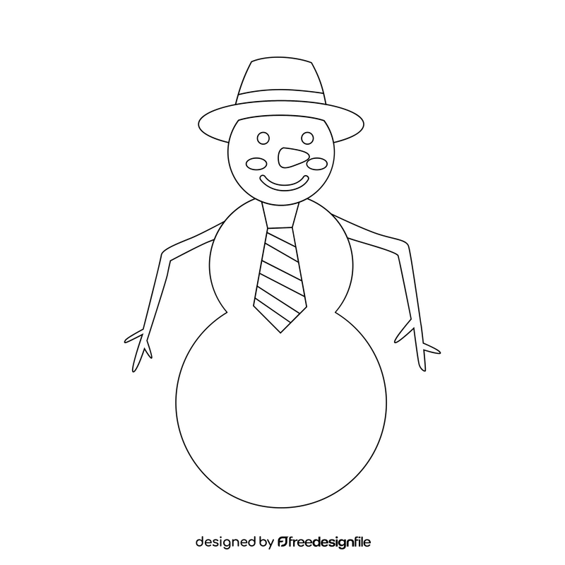 Funny snowman with tie and hat drawing black and white clipart