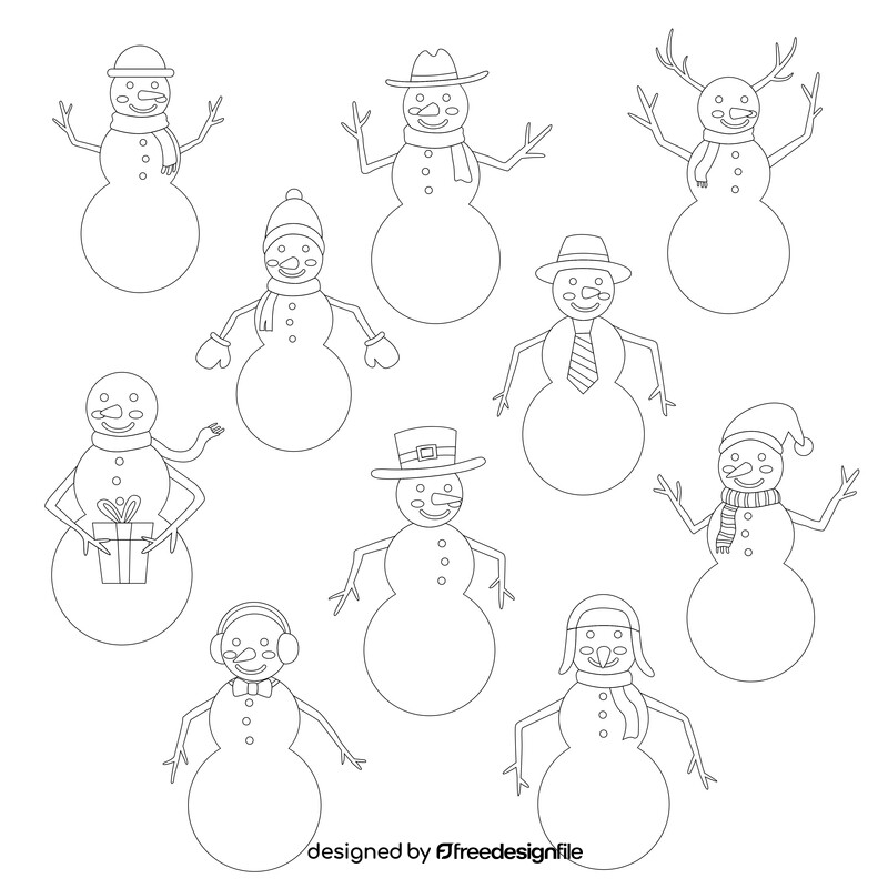 Cute snowman cartoon set black and white vector