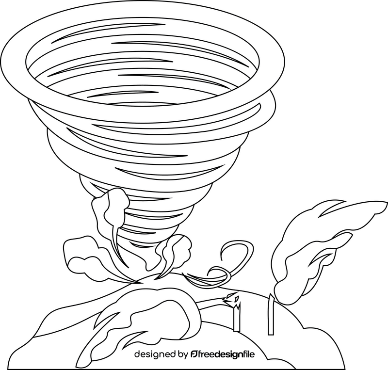 Cartoon tornado breaks trees drawing black and white clipart