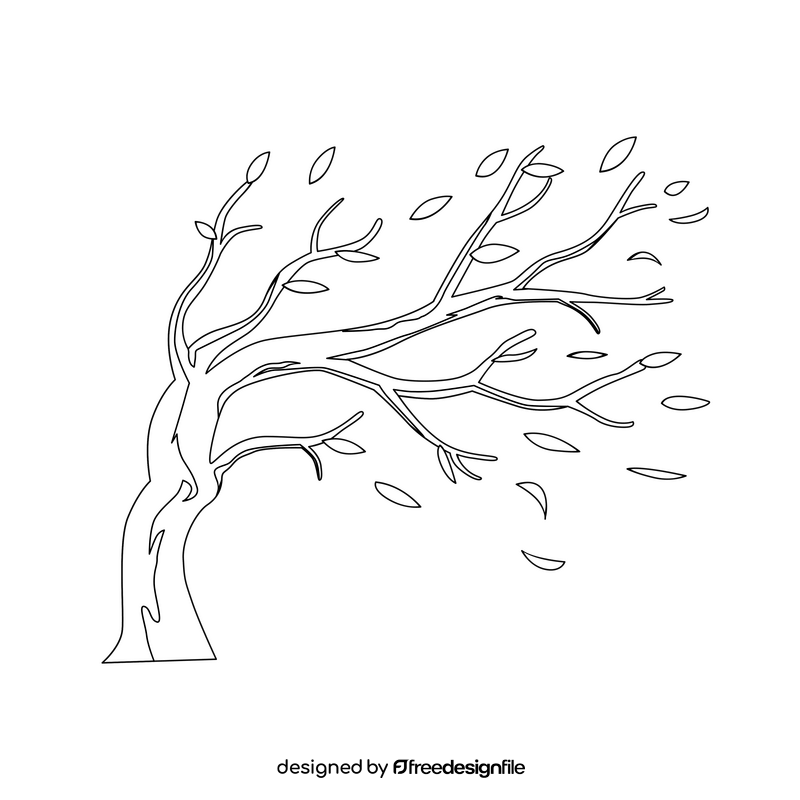 Wind blowing, tree drawing black and white clipart