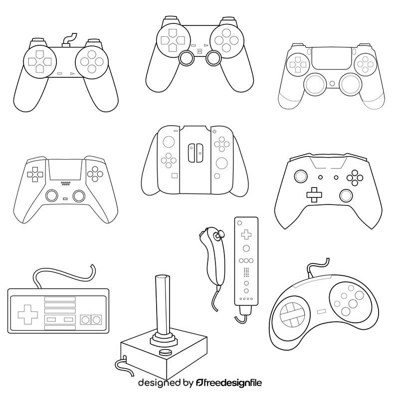 Video games joystick, controller and gamepad set black and white vector