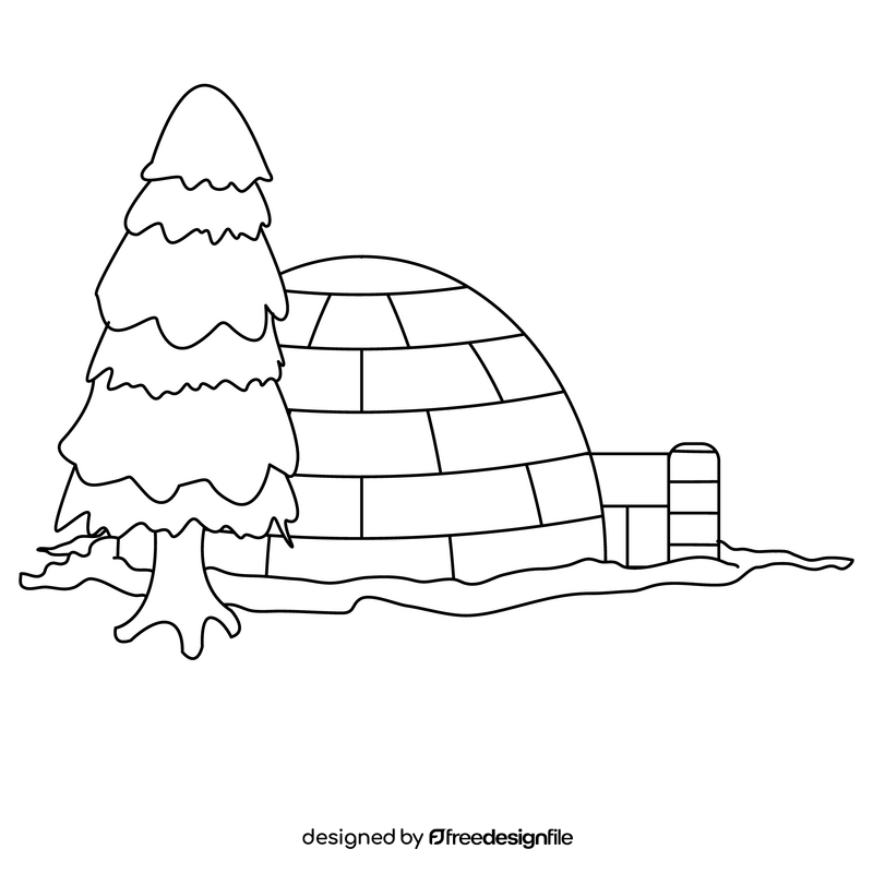 Igloo and tree drawing black and white clipart