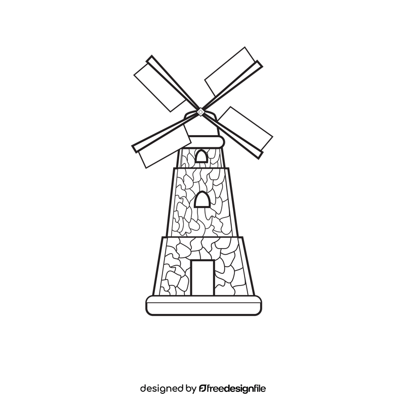 Stone windmill cartoon black and white clipart