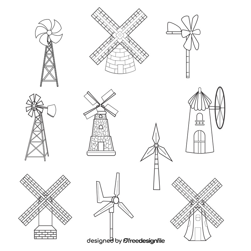 Different windmill images set black and white vector