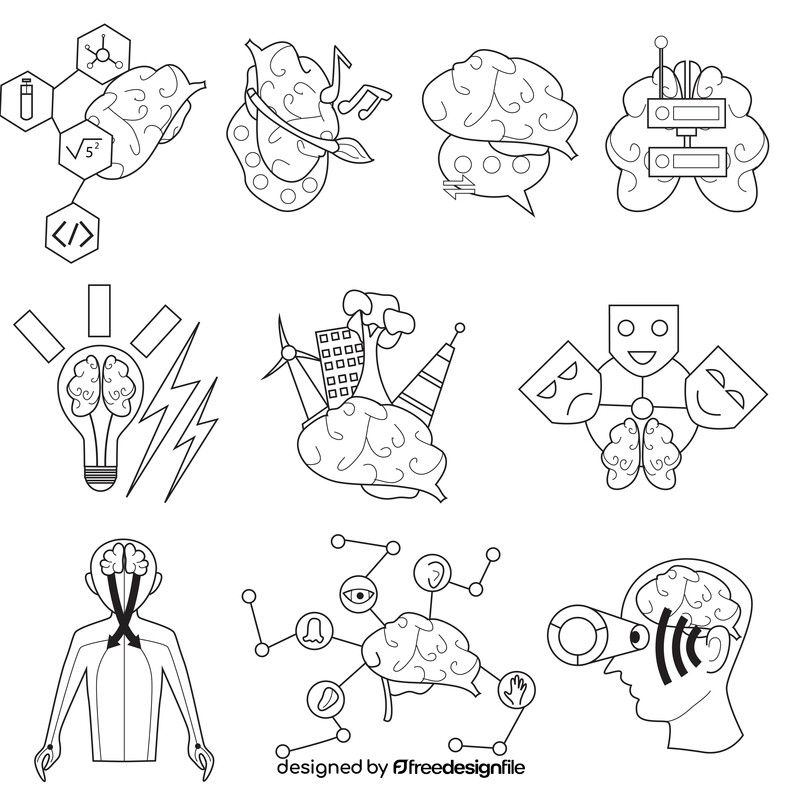 Brain, human brain organ, brain functions cartoon set black and white vector