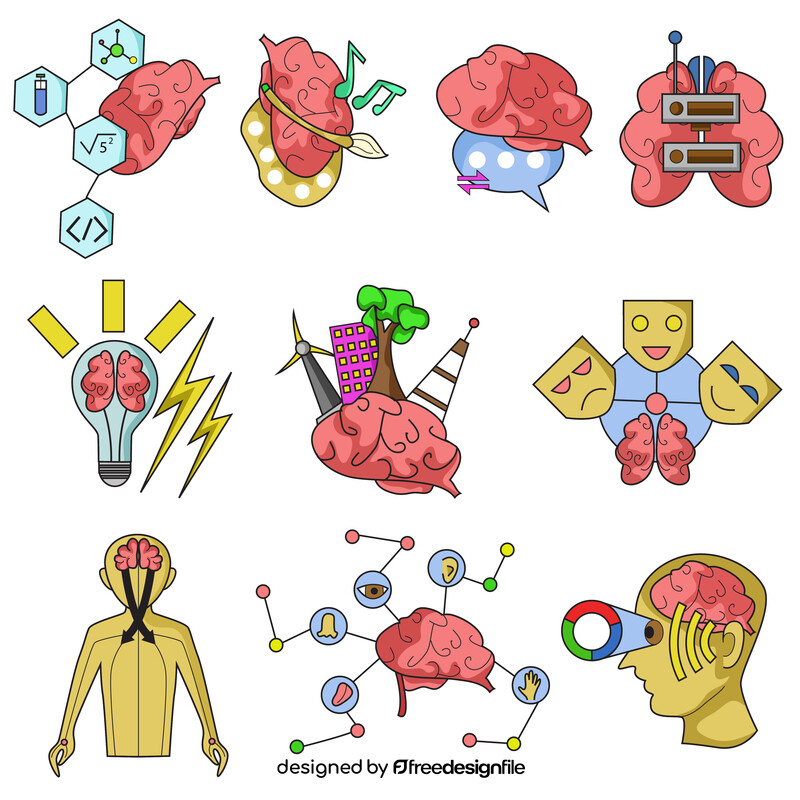 Brain, human brain organ, brain functions cartoon set vector