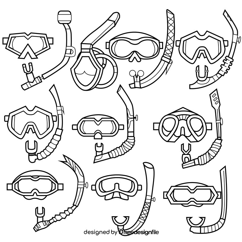 Snorkel, diving mask clipart set black and white vector