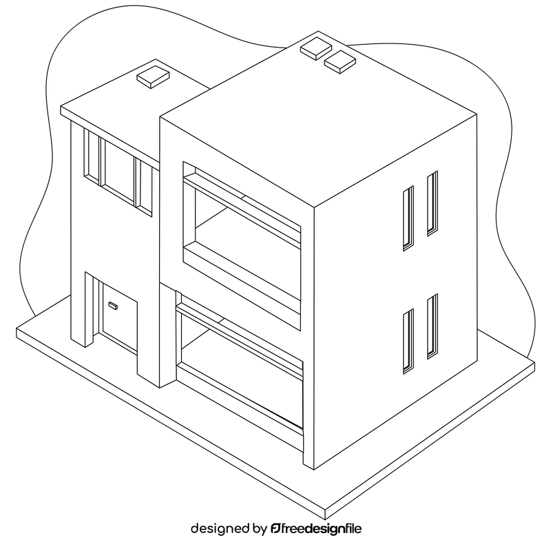 Modern two storey bungalow drawing black and white clipart