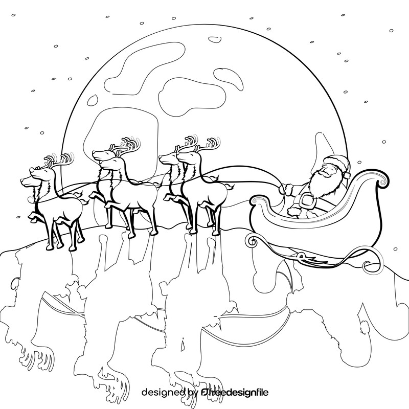 Santa Claus, reindeers and sleigh black and white vector