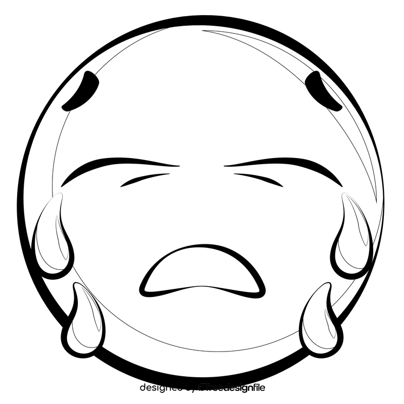 Crying emoji, emoticon, smiley drawing black and white clipart