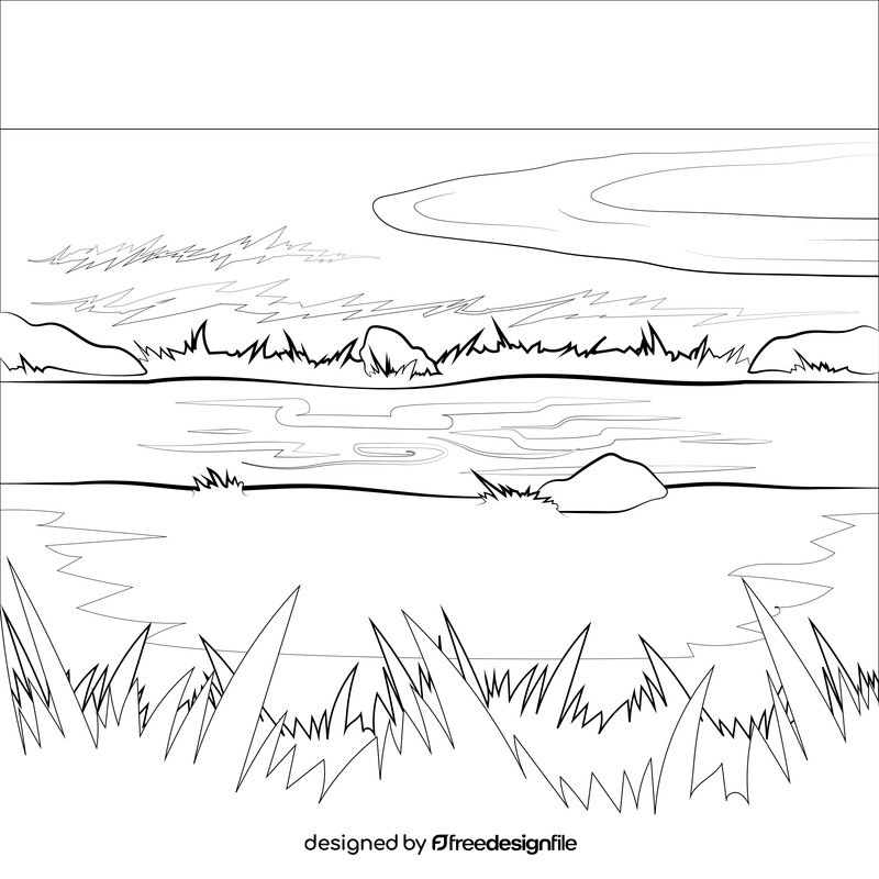 River scene drawing black and white vector