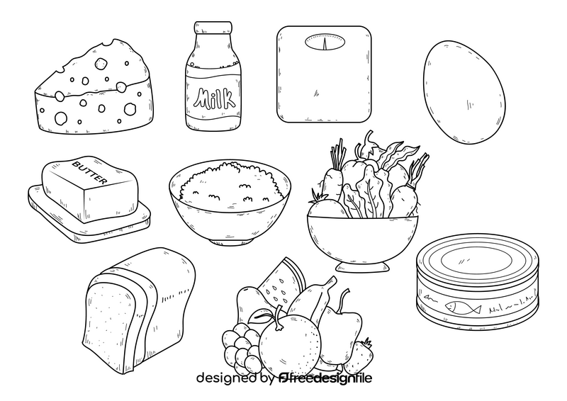 Healthy food diet drawing set black and white vector