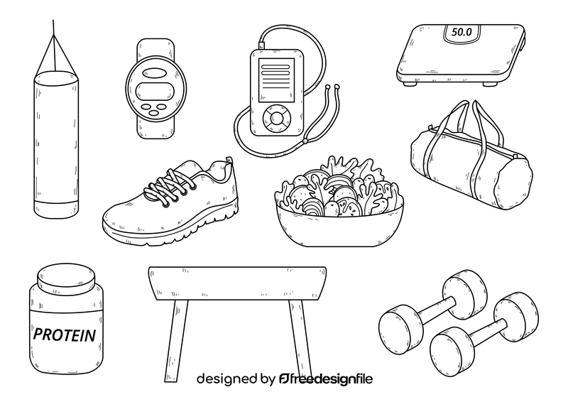 Gym, sport, fitness, workout drawing set black and white vector