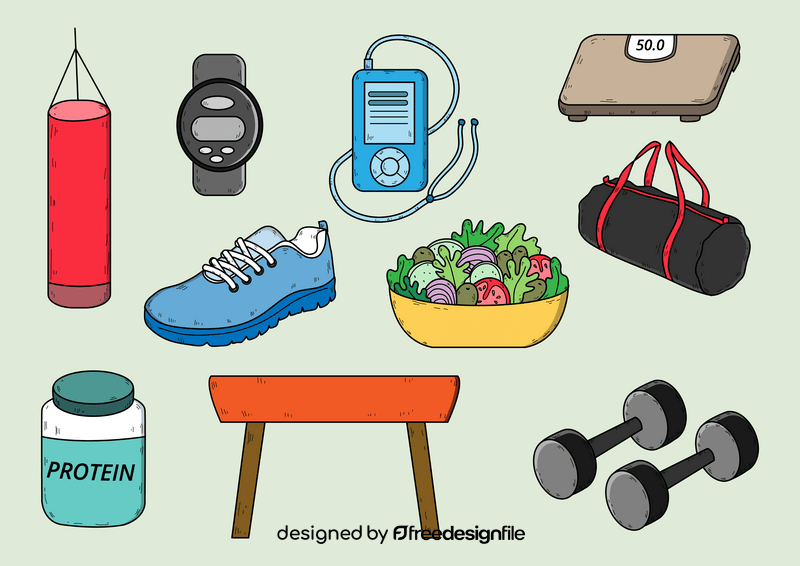 Gym, sport, fitness, workout drawing set vector