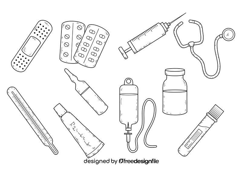 Medicine elements drawing set black and white vector