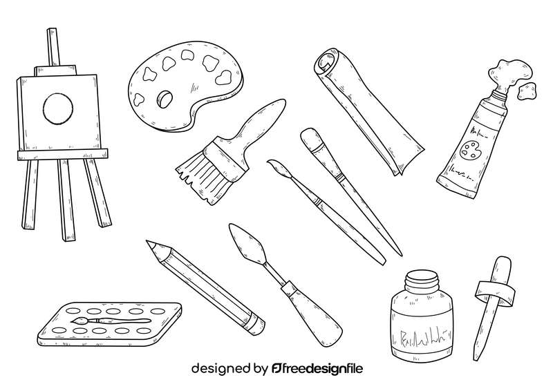 Painting tools drawing set black and white vector