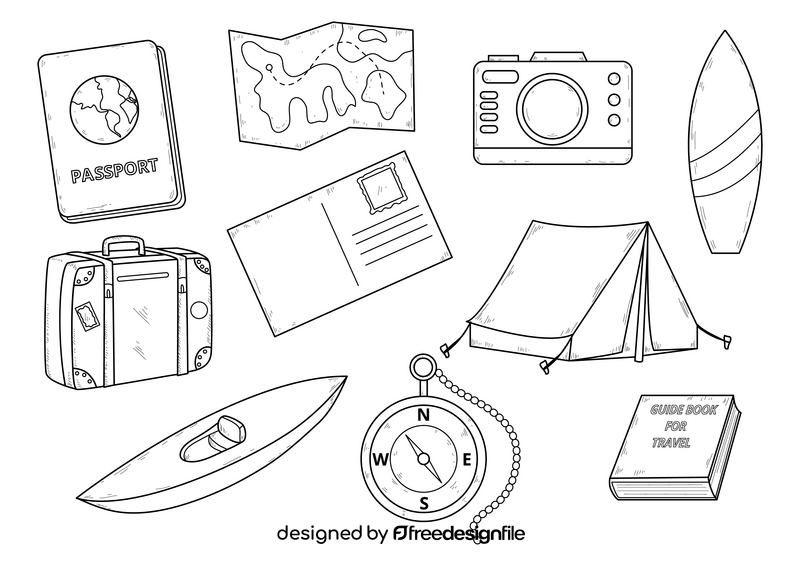 Travel drawing set black and white vector