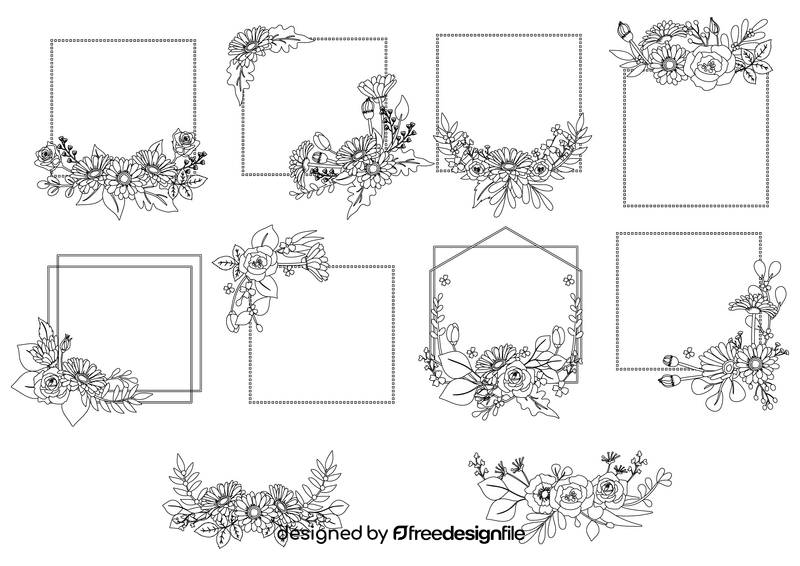 Floral frame and border set black and white vector