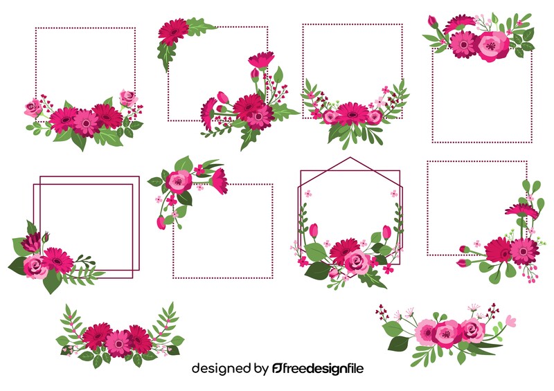 Pink floral frame and border set vector