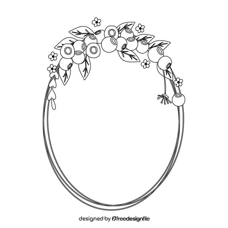 Oval flower frame of blueberry fruit blossom black and white clipart