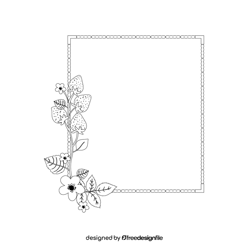 Strawberries blossom flower and leaves frame black and white clipart