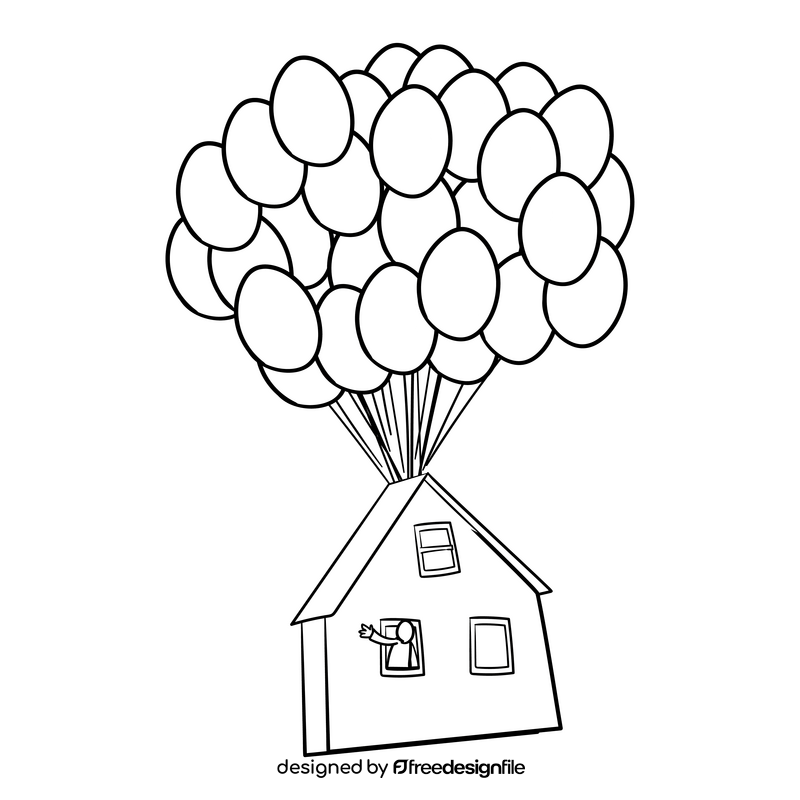 House flying with balloons cartoon black and white clipart