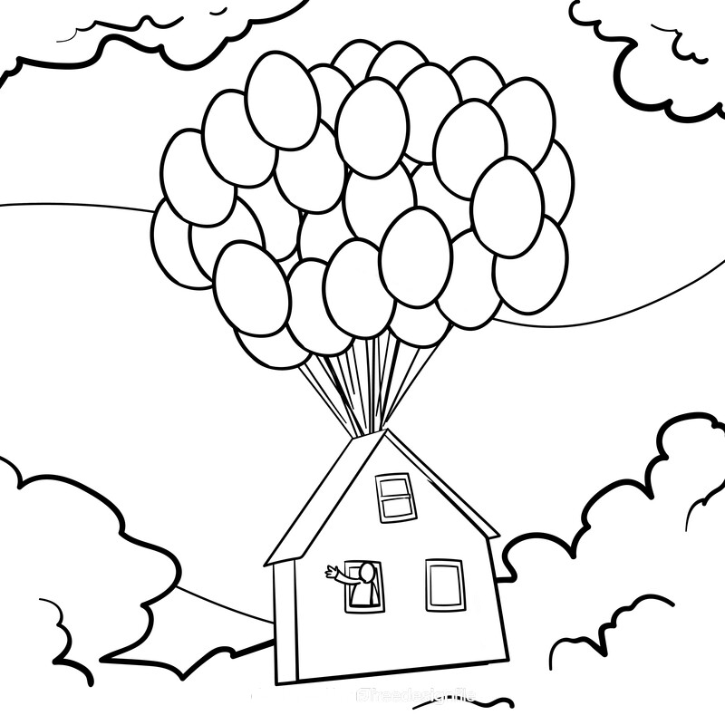 House flying with balloons cartoon drawing black and white vector