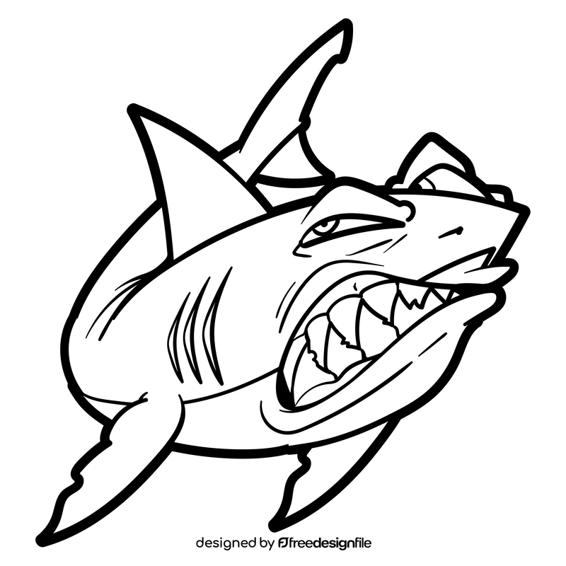 White shark cartoon black and white clipart