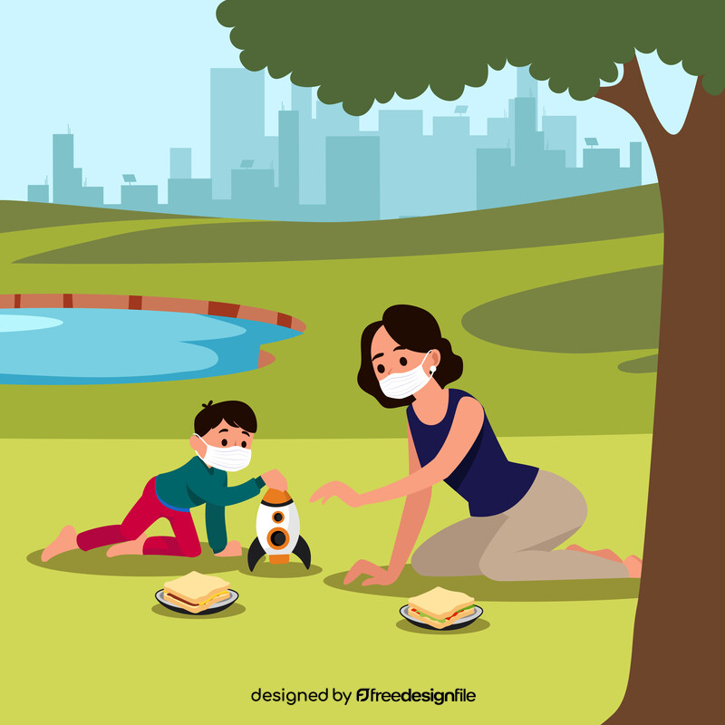 Mother and son playing during pandemic at the park stock illustration vector
