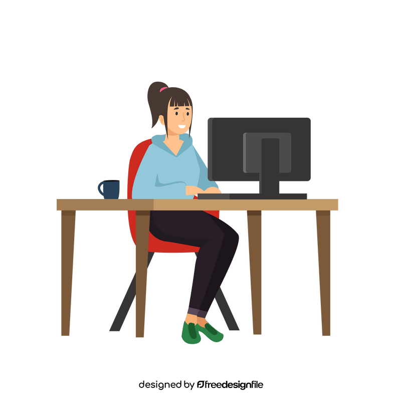 Girl working on computer clipart
