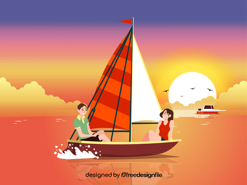 Sunset ocean with couple on sailing boat vector