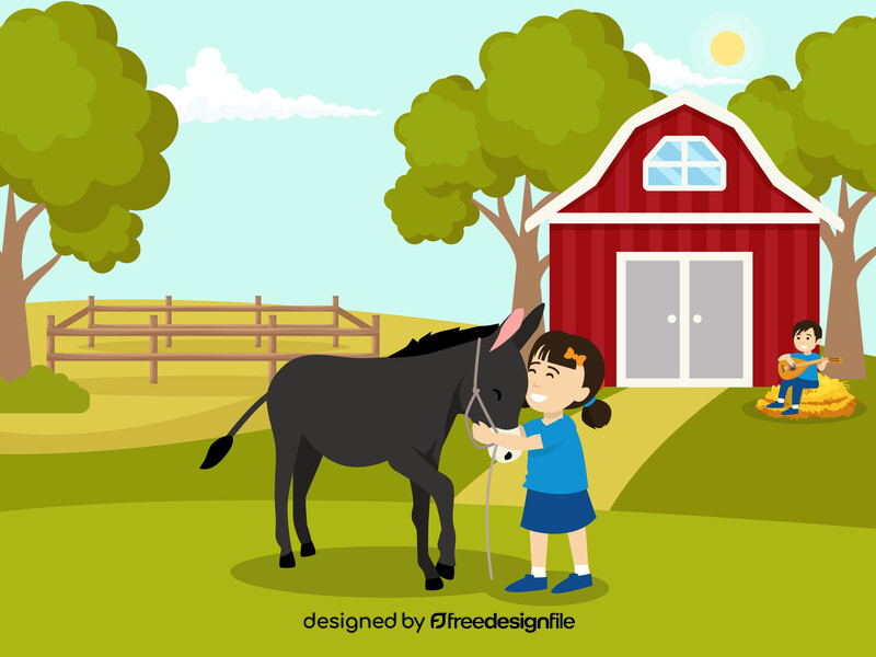 Kid playing with donkey at farm vector