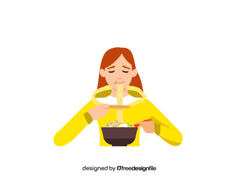 Young woman eating delicious asian food clipart