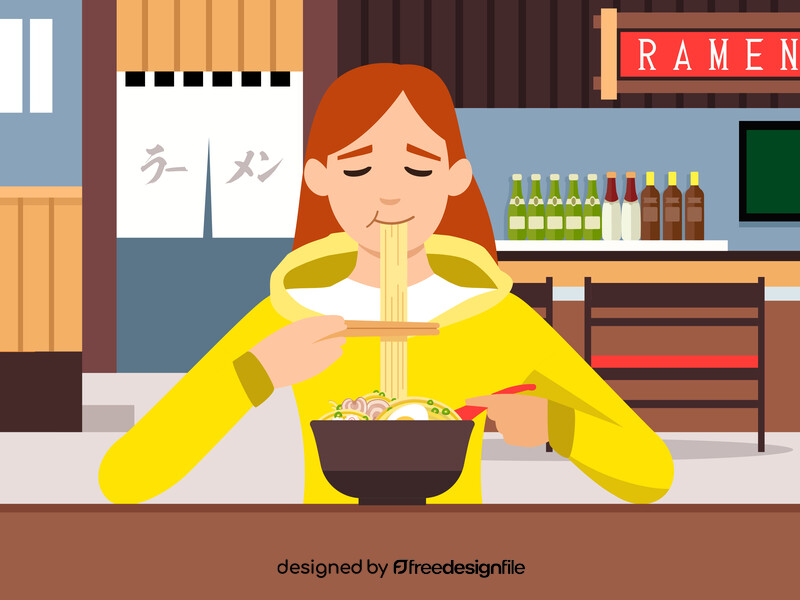 Young woman eating delicious asian food vector