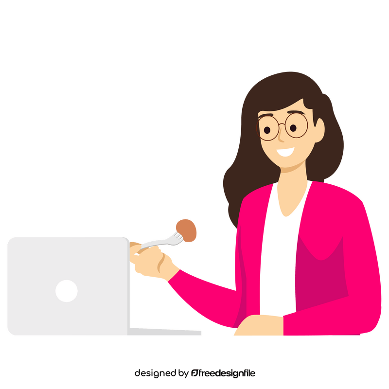 Woman watching laptop eating food clipart