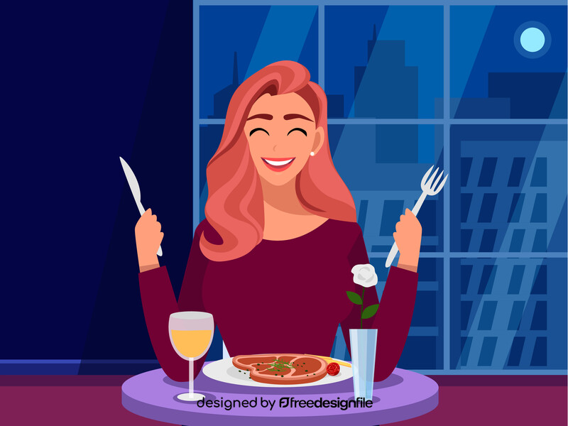 Woman having dinner in the restaurant vector