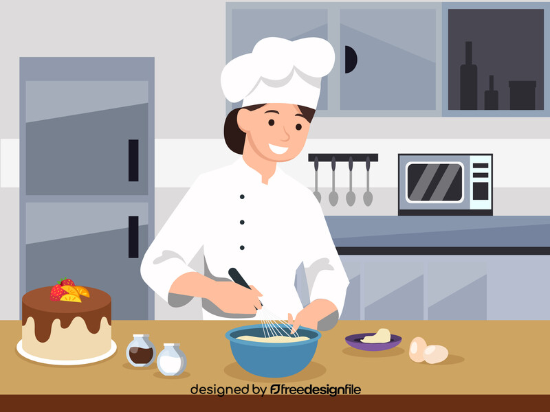 Chef woman cooking delicious cake vector