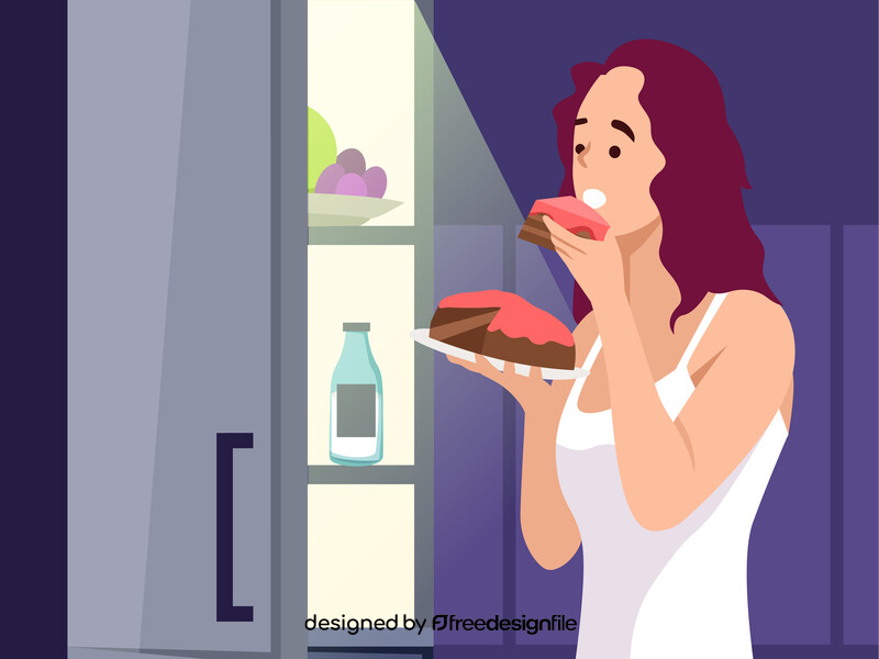 Girl near refrigerator eating cake at night vector