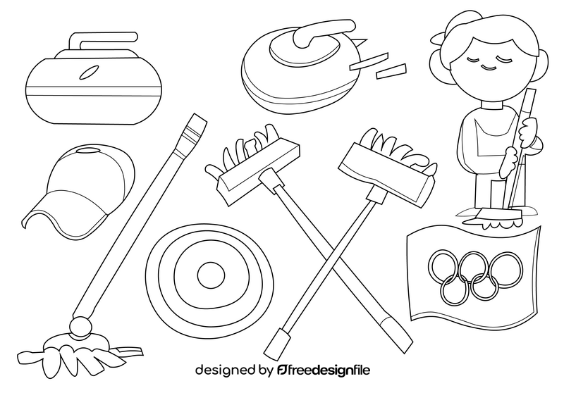 Curling equipment set black and white vector
